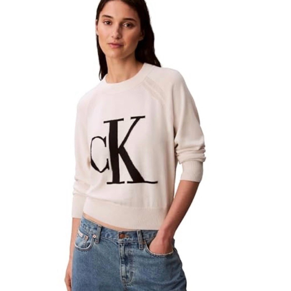 NWT Calvin Klein Beige Pullover with Black Initials Womens Size Medium - Picture 1 of 7